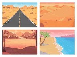 Summer landscapes flat color vector illustration set