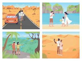 Travel destinations with friends and lovers flat color vector illustration set