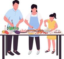 Family preparing dinner together table semi flat color vector characters