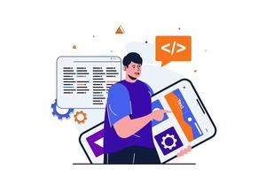 desarrollo de aplicaciones concepto plano moderno para diseño de banner web. el diseñador masculino trabaja con el diseño de la interfaz de la aplicación móvil, optimizando y codificando la interfaz de usuario. ilustración vectorial con escena de personas aisladas vector