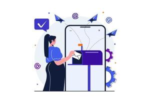 Email service modern flat concept for web banner design. Woman receives or sends envelope standing near mailbox. Online correspondence and newsletters. Vector illustration with isolated people scene
