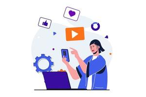 marketing moderno concepto plano para diseño de banner web. una comercializadora trabaja en redes sociales usando un smartphone, publica contenido de videos, atrae seguidores. ilustración vectorial con escena de personas aisladas vector