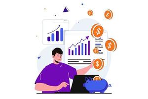 Planning financial budget modern flat concept for web banner design. Male analyst studies financial statistics on charts, puts money in piggy bank. Vector illustration with isolated people scene