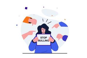 Bullying modern flat concept for web banner design. Crying girl holds poster with Stop Bullying text surrounded by hands with negatively pointing at her. Vector illustration with isolated people scene