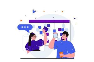 Teamwork modern flat concept for web banner design. Woman and man work together and complete tasks. Time management and workflow organization in office. Vector illustration with isolated people scene