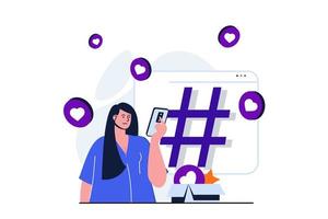 Social network modern flat concept for web banner design. Woman browses news feed on social networks, uses hashtags and likes posts, communicates online. Vector illustration with isolated people scene