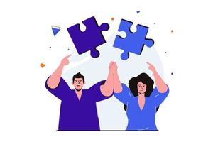 Teamwork modern flat concept for web banner design. Man and woman cooperate and work together, assemble puzzle and pass challenge, work flow in office. Vector illustration with isolated people scene