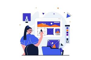 diseñador web concepto plano moderno para diseño de banner web. mujer crea y optimiza el diseño usando imágenes, coloca bloques en el sitio, trabaja con herramientas de dibujo. ilustración vectorial con escena de personas aisladas vector