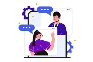 video chat moderno concepto plano para diseño de banner web. los colegas discuten las tareas a través de la comunicación por video. hombre y mujer hablando en diferentes pantallas. ilustración vectorial con escena de personas aisladas vector