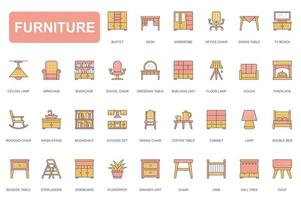 Furniture concept simple line icons set. Pack outline pictograms of buffet, desk, wardrobe, lamp, table, couch, armchair, bookcase, fireplace and other. Vector elements for mobile app and web design