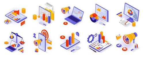 conjunto de iconos 3d isométricos de concepto de negocio y marketing. investigación de mercado y estadísticas, análisis de datos, atracción de clientes, promoción y recopilación aislada de isometría publicitaria. ilustración vectorial vector