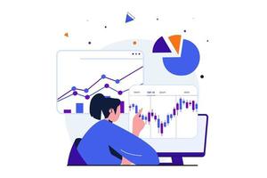 Stock market modern flat concept for web banner design. Woman is engaged in trading, analyzes financial data with growth trend and bargain invests money. Vector illustration with isolated people scene