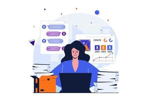 Office work modern flat concept for web banner design. Female employee working on laptop, doing paperwork, answering work chat and completing tasks. Vector illustration with isolated people scene