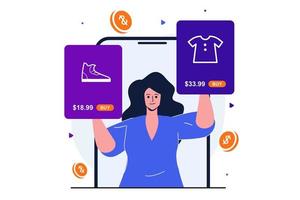 Online shopping modern flat concept for web banner design. Woman chooses clothes and shoes on site, makes purchases at best prices using smartphone app. Vector illustration with isolated people scene