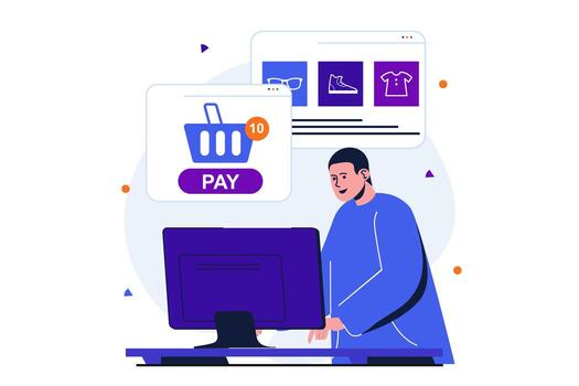 concepto plano moderno de pago en línea para diseño de banner web. el cliente realiza compras en la tienda en línea, forma la cesta y paga el pedido desde la computadora. ilustración vectorial con escena de personas aisladas vector
