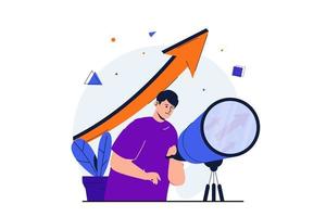 buscando oportunidades concepto plano moderno para diseño de banner web. el hombre de negocios investiga el catalejo, desarrolla con éxito negocios y construye una carrera. ilustración vectorial con escena de personas aisladas vector