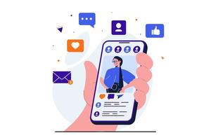 Social network modern flat concept for web banner design. Woman follows blog and personal profile of friend or blogger, likes photos and comments posts. Vector illustration with isolated people scene