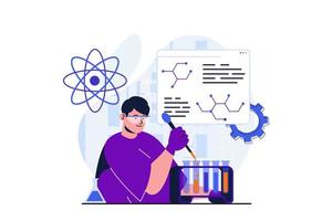 Science research modern flat concept for web banner design. Man drips liquid from pipette into test tubes, makes experiment, discoveries in laboratory. Vector illustration with isolated people scene