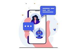 asistente virtual concepto plano moderno para diseño de banner web. la mujer está chateando con el bot de chat y buscando una solución al problema con la ayuda del programa. ilustración vectorial con escena de personas aisladas vector