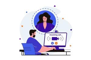 video chat moderno concepto plano para diseño de banner web. el hombre responde a la llamada entrante usando la computadora para una videoconferencia con la mujer. comunicación en línea. ilustración vectorial con escena de personas aisladas vector