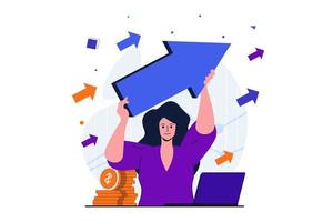 Business growth modern flat concept for web banner design. Businesswoman holding arrow with up direction. Income and sales growth, ambition and progress. Vector illustration with isolated people scene
