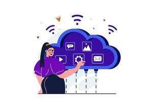 Cloud computing modern flat concept for web banner design. Woman stores data, videos, pictures, online correspondence and emails in secure cloud storage. Vector illustration with isolated people scene