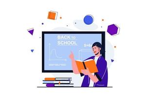 Back to school modern flat concept for web banner design. Happy female student reading book at blackboard and answering exam. Training and education. Vector illustration with isolated people scene