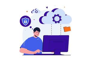 Cloud computing modern flat concept for web banner design. Man works at computer, uploads files to secure cloud storage and uses database service. Vector illustration with isolated people scene