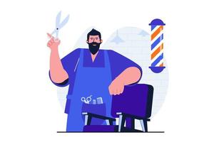 concepto plano moderno de barbería para diseño de banner web. peluquero profesional con tijeras y peines de pie junto a la silla y esperando al cliente en el estudio. ilustración vectorial con escena de personas aisladas vector