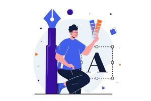 estudio de diseñador moderno concepto plano para diseño de banner web. hombre ilustrador se encuentra cerca de las herramientas de trabajo del artista, dibuja con bolígrafo y elige la paleta de colores. ilustración vectorial con escena de personas aisladas vector