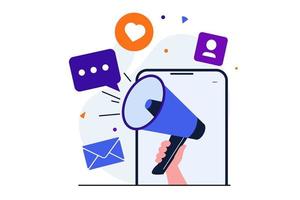 Digital marketing modern flat concept for web banner design. Ad campaign and online promotion in mobile apps, advertising content in social networks. Vector illustration with isolated people scene