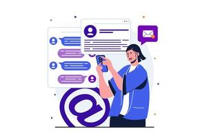 Email service modern flat concept for web banner design. Woman communicates online using chats, instant messengers and email, networking at mobile phone. Vector illustration with isolated people scene