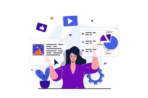 marketing moderno concepto plano para diseño de banner web. mujer vendedora analiza datos y optimiza la página web trabajando en pantallas y haciendo estudios de mercado. ilustración vectorial con escena de personas aisladas vector