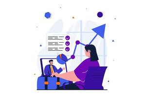 concepto plano moderno de trabajo independiente para el diseño de banner web. mujer hablando con un colega en una videoconferencia, discutiendo el gráfico de fechas y trabajando en línea. ilustración vectorial con escena de personas aisladas vector