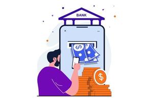 Mobile banking modern flat concept for web banner design. Man pays bills with cash and checks transfer using app. financial transactions management. Vector illustration with isolated people scene