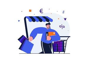 concepto plano moderno de comercio móvil para diseño de banner web. hombre con bolsas de compras y carrito de supermercado hace compras de ganga en línea usando la aplicación. ilustración vectorial con escena de personas aisladas vector