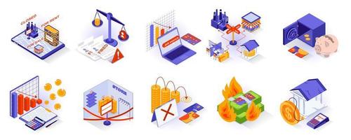 Unemployment and crisis concept isometric 3d icons set. Mass layoffs, business closures, sale of real estate for debts, loss of money, bankruptcy, isometry isolated collection. Vector illustration