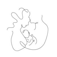 One continuous monoline single drawing line art flat doodle family, mom love dad and baby, mother father. Isolated image hand drawn contour on white background. The concept of happiness vector