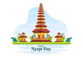 feliz día nyepi o silencio de bali a las ceremonias hindúes en el fondo del templo o pura ilustración adecuada para el afiche vector