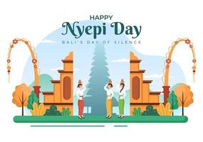 Happy Nyepi Day or Bali's Silence for Hindu Ceremonies in Bali with Galungan, Kuningan and Ngembak Geni in Background of the Temple Illustration vector