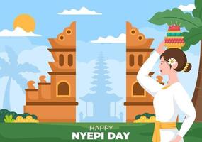 feliz día nyepi o silencio de bali para las ceremonias hindúes en bali con galungan, kuningan y ngembak geni en el fondo de la ilustración del templo vector