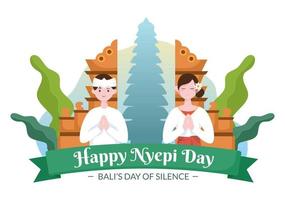 feliz día nyepi o silencio de bali para ceremonias hindúes en bali con galungan, kuningan y ngembak geni en el fondo de la ilustración del templo vector