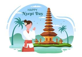 feliz día nyepi o silencio de bali para las ceremonias hindúes en bali con galungan, kuningan y ngembak geni en el fondo de la ilustración del templo vector