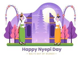 feliz día nyepi o silencio de bali para las ceremonias hindúes en bali con galungan, kuningan y ngembak geni en el fondo de la ilustración del templo vector