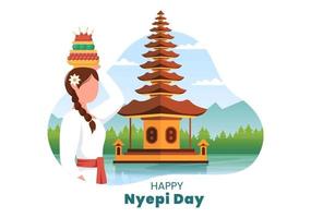 feliz día nyepi o silencio de bali para ceremonias hindúes en bali con galungan, kuningan y ngembak geni en el fondo de la ilustración del templo vector