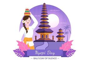 feliz día nyepi o silencio de bali para ceremonias hindúes en bali con galungan, kuningan y ngembak geni en el fondo de la ilustración del templo vector