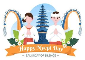 feliz día nyepi o silencio de bali para las ceremonias hindúes en bali con galungan, kuningan y ngembak geni en el fondo de la ilustración del templo vector