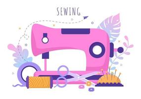 Tailor with Sewing, Cloth, Pincushion, Threads, Fashion Designer, Seamstress, Scissors and Measuring to Make Clothes in Flat Background Illustration vector