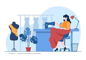 Tailor with Sewing, Cloth, Pincushion, Threads, Fashion Designer, Seamstress, Scissors and Measuring to Make Clothes in Flat Background Illustration vector