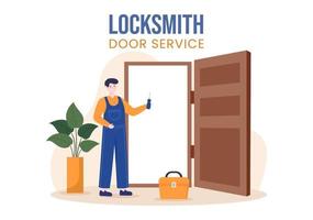 Locksmith Repairman Door Repair, Maintenance and Installation Service with Equipment as Screwdriver or Key in Flat Cartoon Background Illustration vector